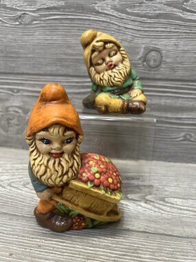 Lot of 2 Vintage Ceramic Garden Gnomes Hand Painted Colorful Cute Figurines